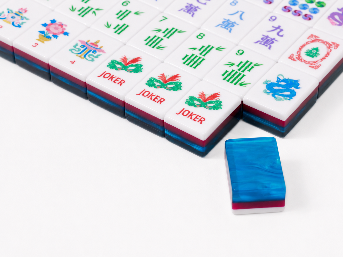 Original Artwork American Mahjong Set 160 Tiles, Luxury 3-Layer Aqua Swirl Resin Mah Jongg with Creative Mask Joker, Dragon & Peacock Custom Illustrated Tiles
