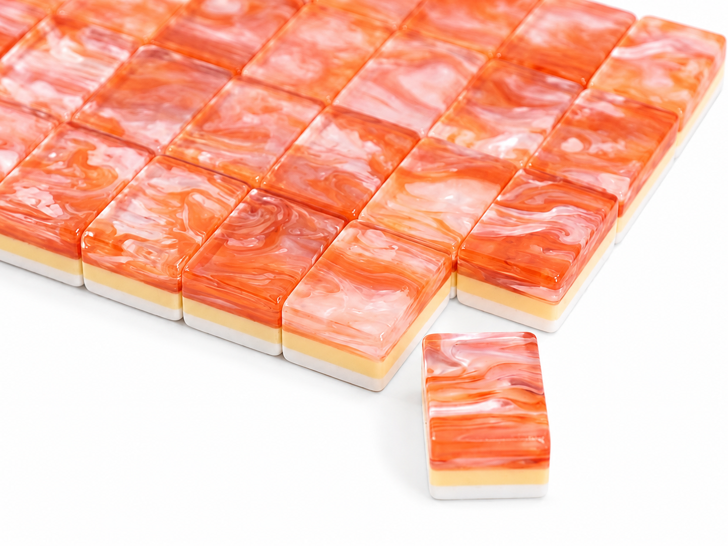 Chinese Lion Dance American Mahjong Set 160 Tiles, 3-Layer Orange Swirl Resin Mah Jongg with Dragon & Lotus Custom Illustrated Tiles