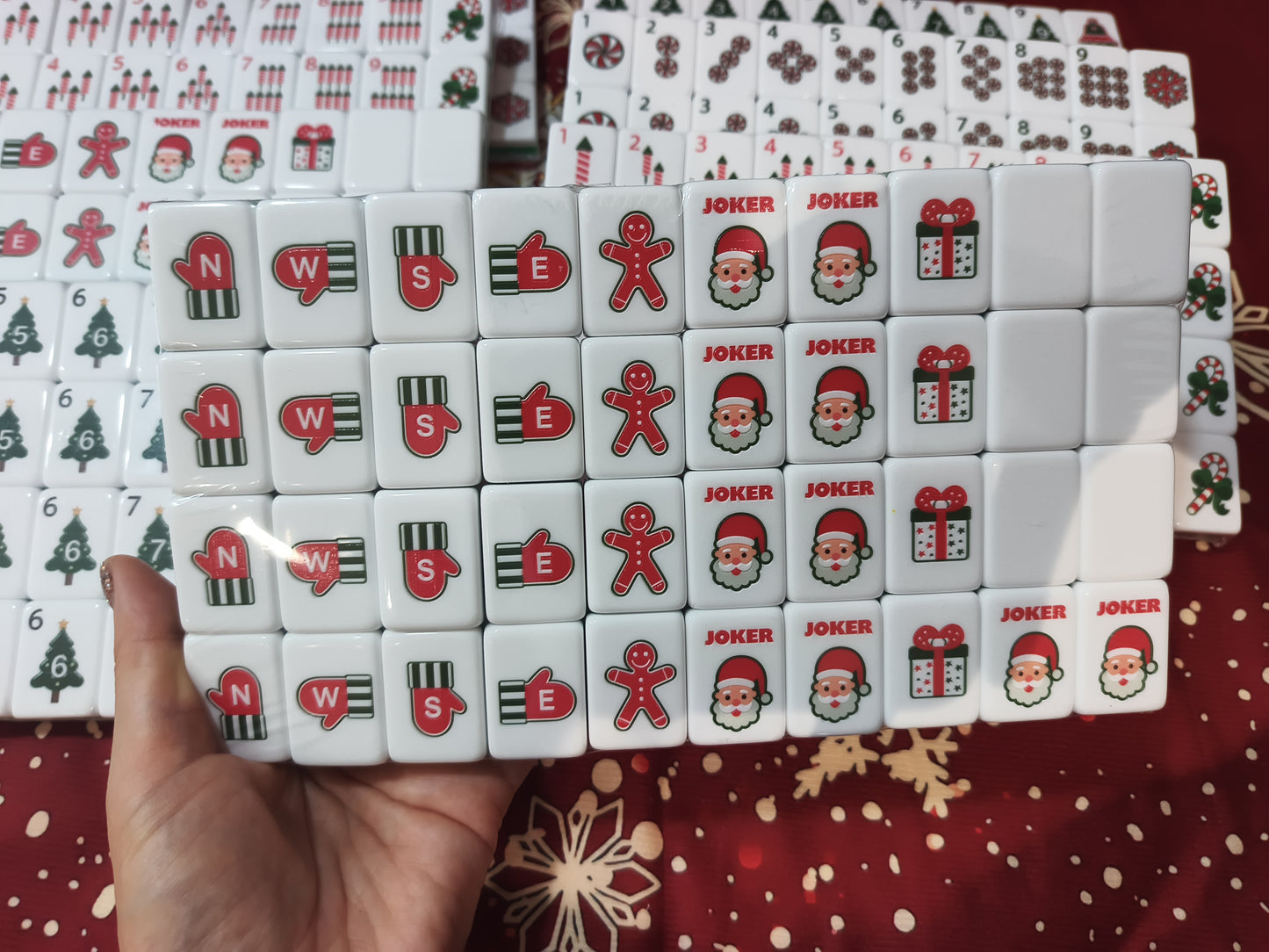 Christmas American Mahjong Set - tile detail showing Christmas tree suit numbers 5-9 and bell joker