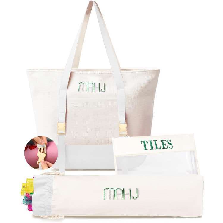 Fashion 3-Piece American Mahjong Bag Set | Large Canvas Mahjong Tote with External Mat Buckle Strap, Clear Tile Storage Pouch & Racks Holder Bag, Multi Trendy Colors, Portable Mahjong Travel Kit