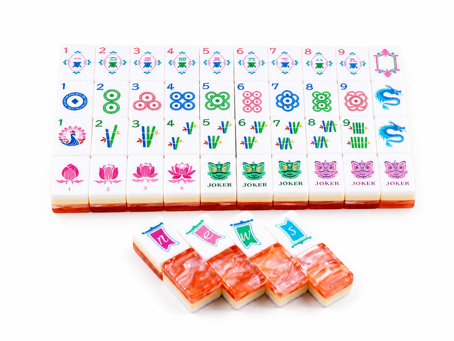 Chinese Lion Dance American Mahjong Set 160 Tiles, 3-Layer Orange Swirl Resin Mah Jongg with Dragon & Lotus Custom Illustrated Tiles