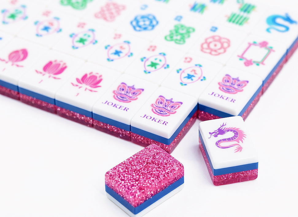 Pink Glitter American Mahjong Set 160 Tiles 32mm | Original Custom Illustrated Mah Jongg Tiles, Lotus & Dragon Pattern Luxury Resin Mahjong Game Set