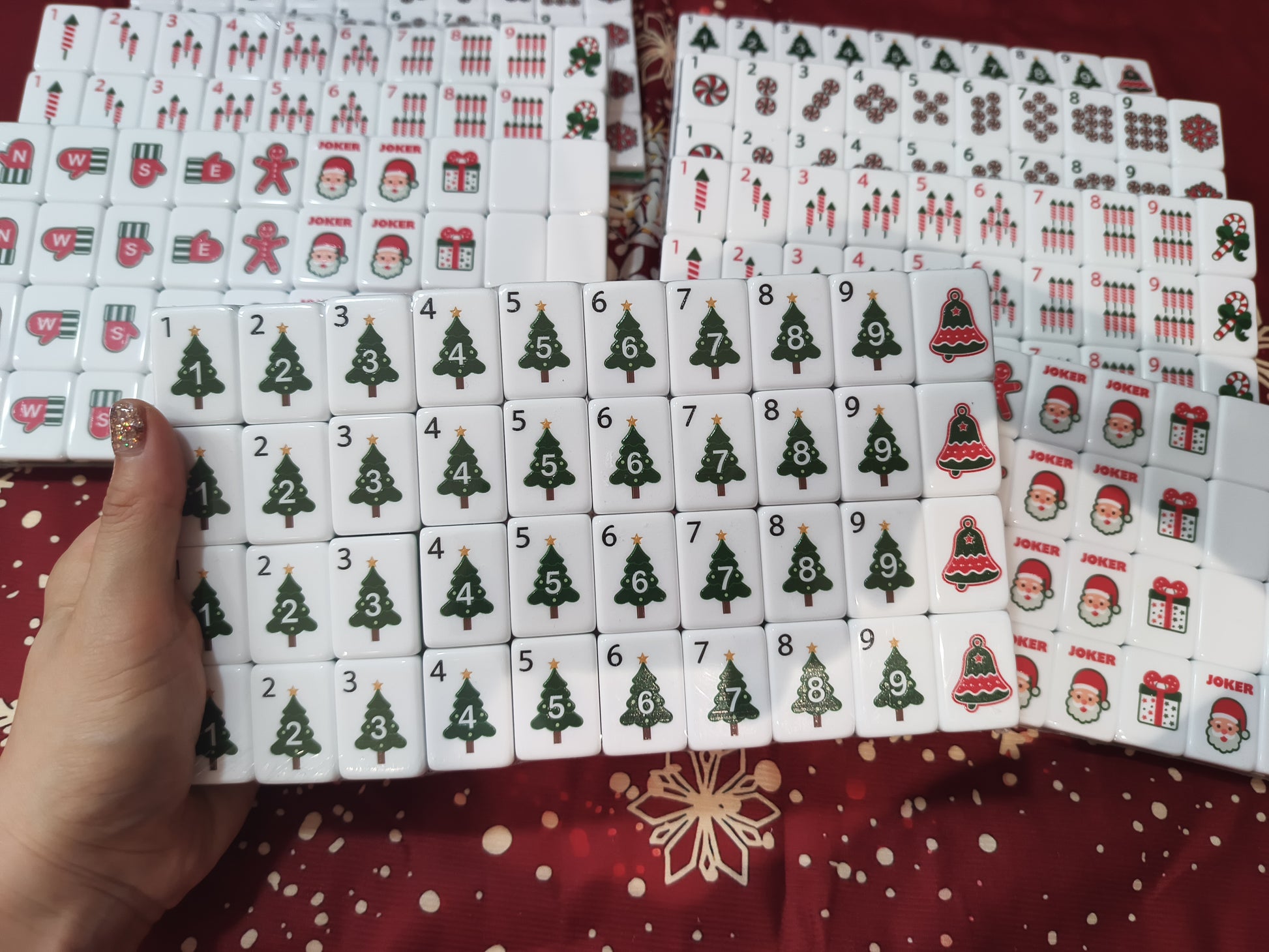 Christmas American Mahjong Set - red backing tiles showing reverse side