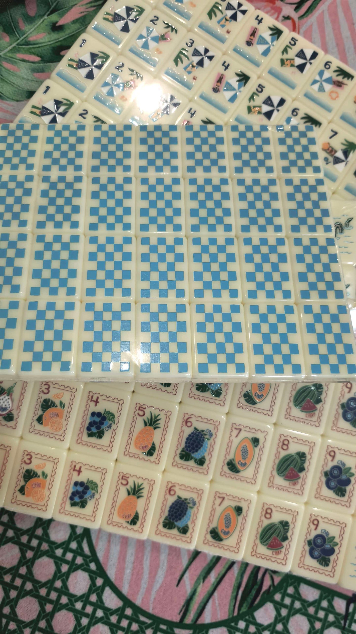 Summer Tropical Beach Vacation American Mahjong Set 36mm Cream Ivory Single Layer Tiles, Hand Engraved Blue Grid Back, Fruit & Seaside Pattern Mahjong Gift for Holiday Trip