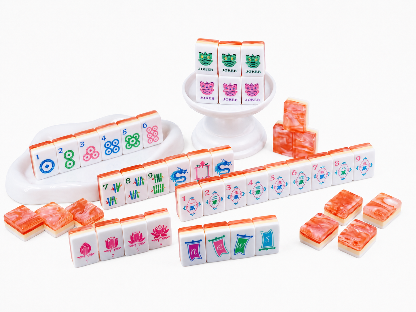 Chinese Lion Dance American Mahjong Set 160 Tiles, 3-Layer Orange Swirl Resin Mah Jongg with Dragon & Lotus Custom Illustrated Tiles