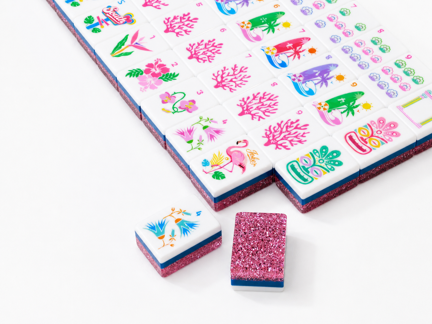 Pink Glitter Tropical Flamingo American Mahjong Set 160 Tiles 32mm, Original Hawaiian Beach Custom Illustrated Mah Jongg Tiles Luxury Resin Game Set