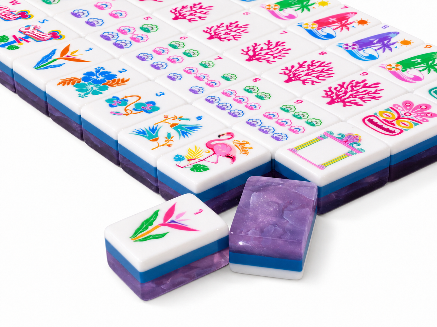 Purple Marbled American Mahjong Set 160 Tiles 32mm Large Size Tropical Flamingo Hawaiian Hand Painted Mah Jongg Game Set for Party Home Play