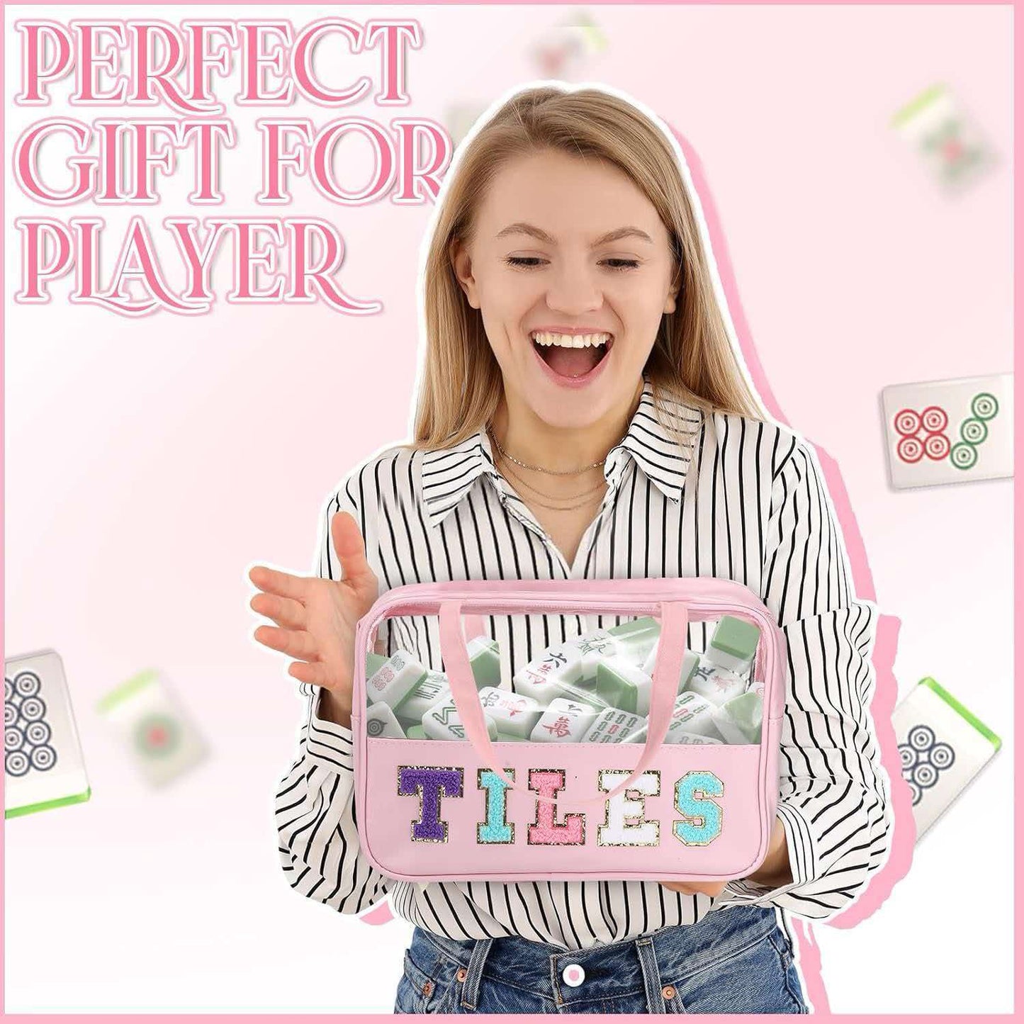 Cute Preppy Mahjong Tiles Bag, Waterproof Clear Top Mah Jongg Carry Tote, Portable American Mahjong Set Storage Case, Perfect Gift for Mahjong Players