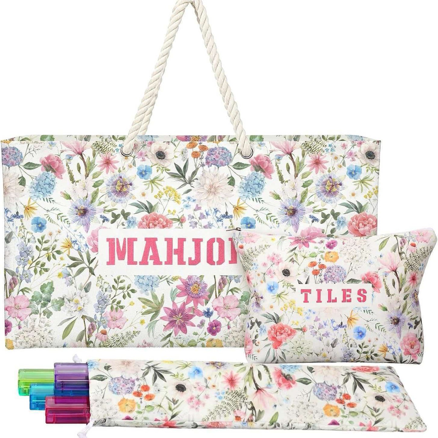American Mahjong Set Bag | 3-Piece Floral Mahjong Tiles Storage Tote Bag, Travel Mah Jongg Carry Bag for Mahjong Game Accessories