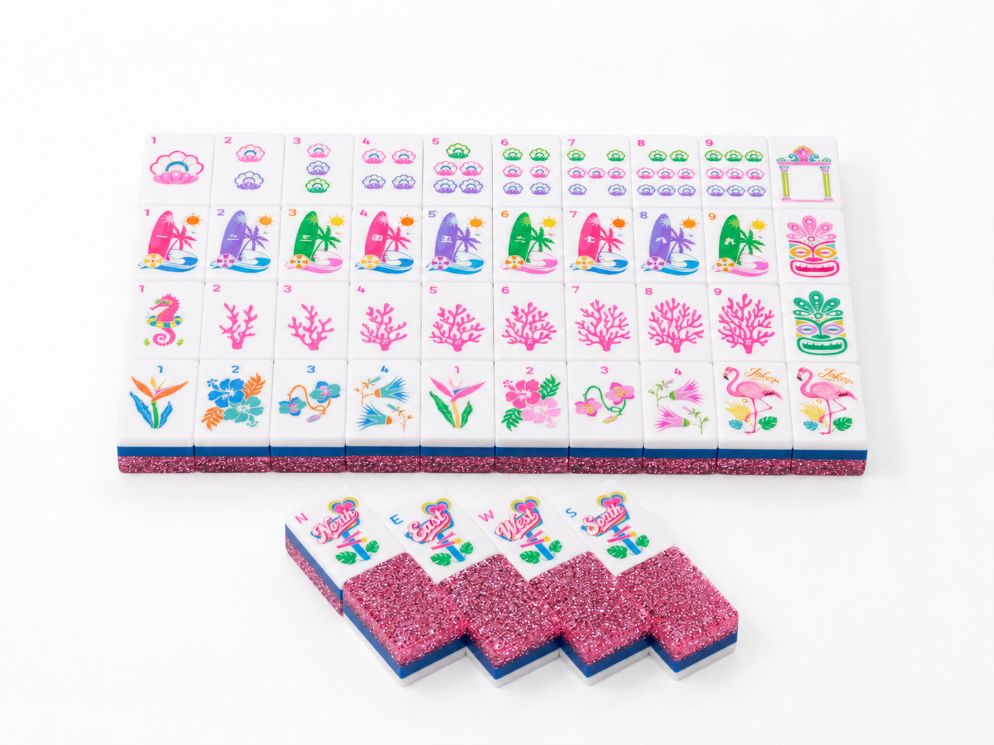Pink Glitter Tropical Flamingo American Mahjong Set 160 Tiles 32mm, Original Hawaiian Beach Custom Illustrated Mah Jongg Tiles Luxury Resin Game Set