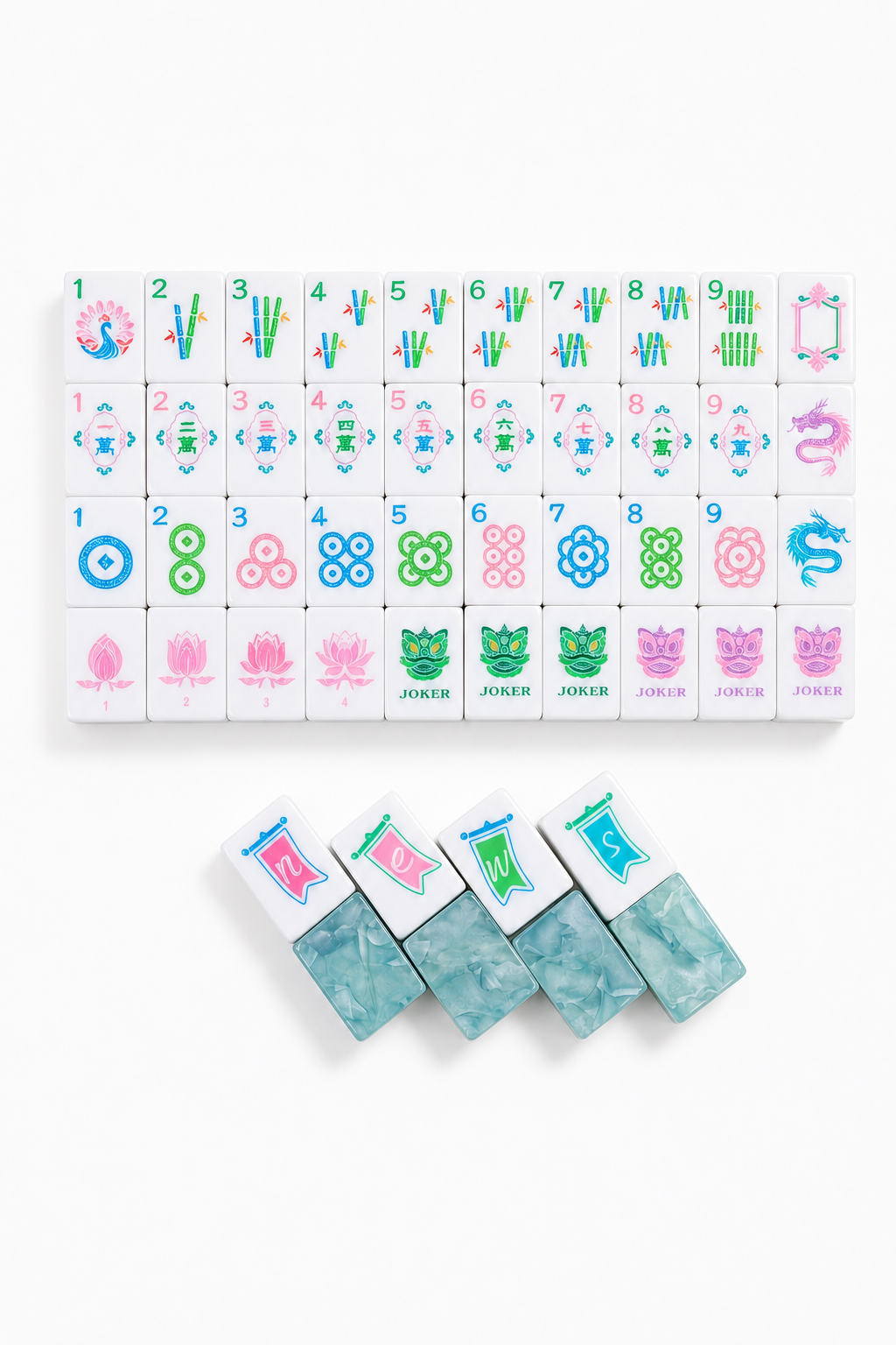 Chinese Dragon Mint Green American Mahjong Set 160 Tiles, 3-Layer Pearl Swirl Acrylic Mah Jongg with Peacock, Lotus & Traditional Face Joker Tiles