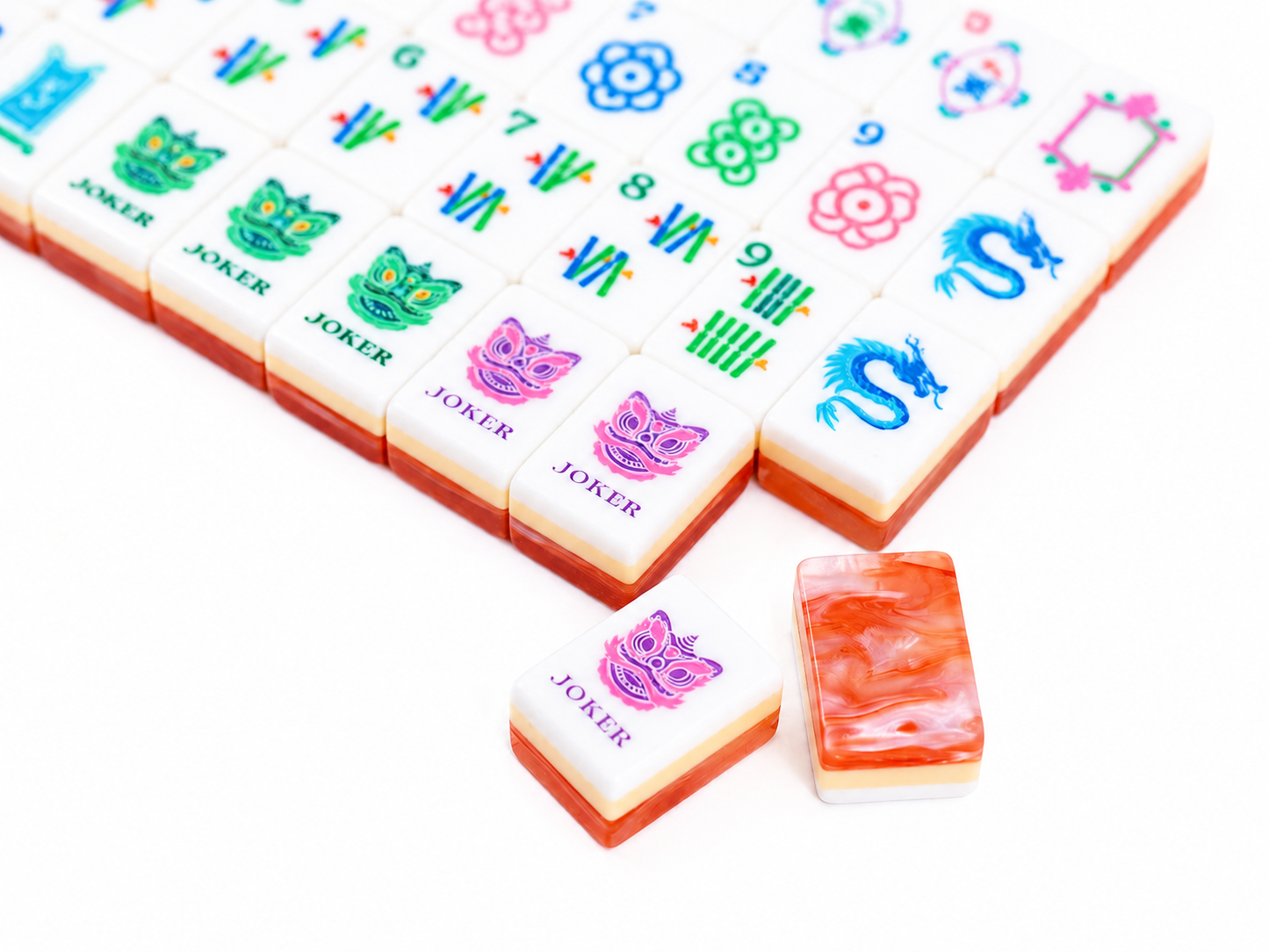 Chinese Lion Dance American Mahjong Set 160 Tiles, 3-Layer Orange Swirl Resin Mah Jongg with Dragon & Lotus Custom Illustrated Tiles