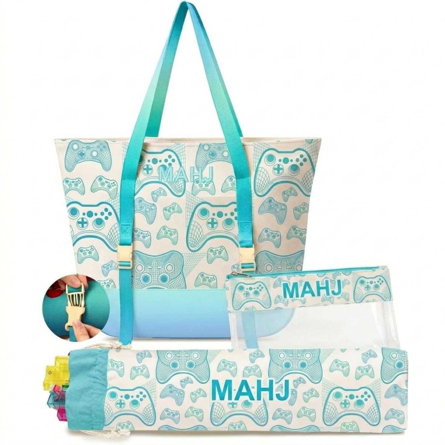 Fashion 3-Piece American Mahjong Bag Set | Large Canvas Mahjong Tote with External Mat Buckle Strap, Clear Tile Storage Pouch & Racks Holder Bag, Multi Trendy Colors, Portable Mahjong Travel Kit