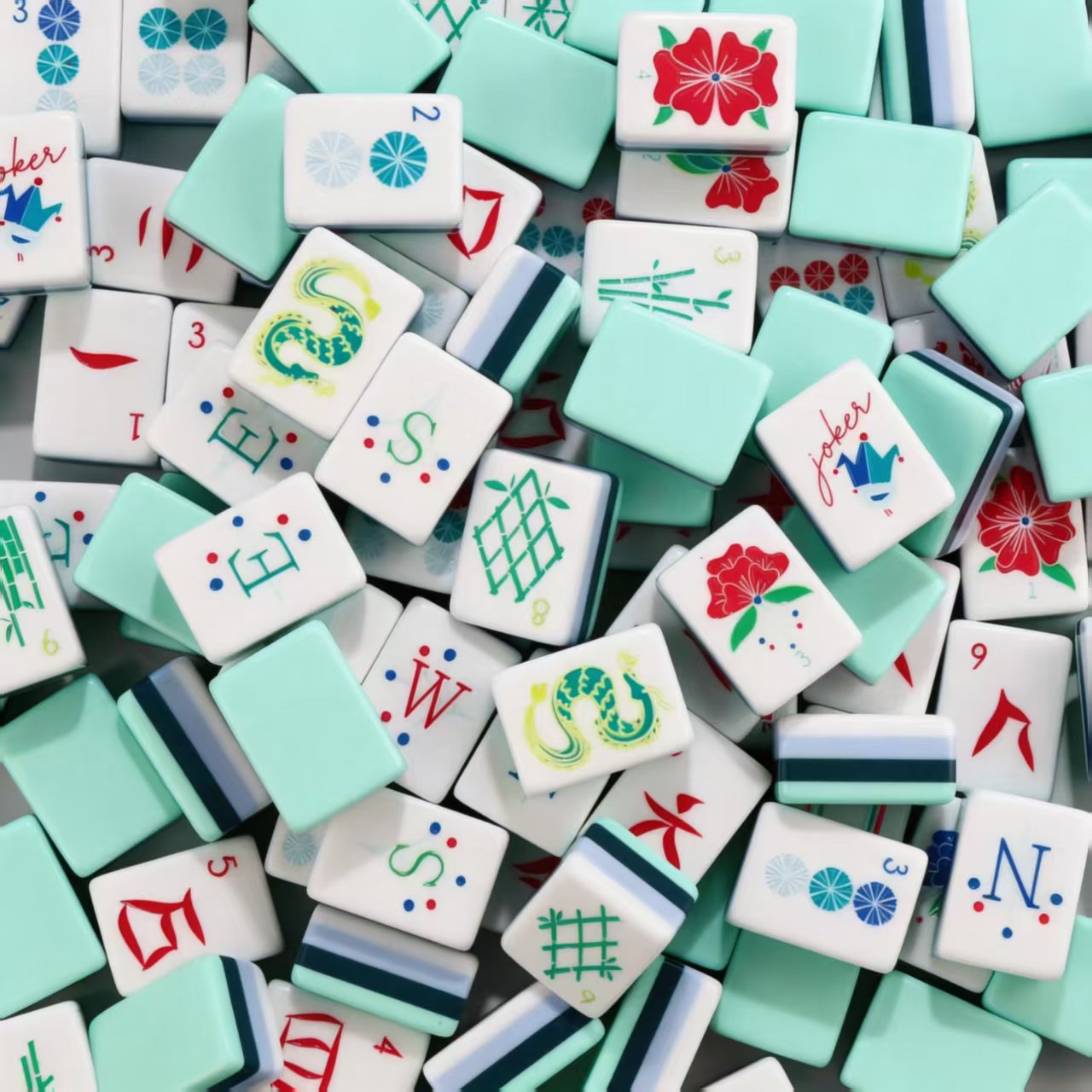 Cute Mint Green American Mahjong Set 160 4-Layer Tiles | Unique Floral Dragon Illustrated Tile, Sturdy Handcraft Mahjong Tiles