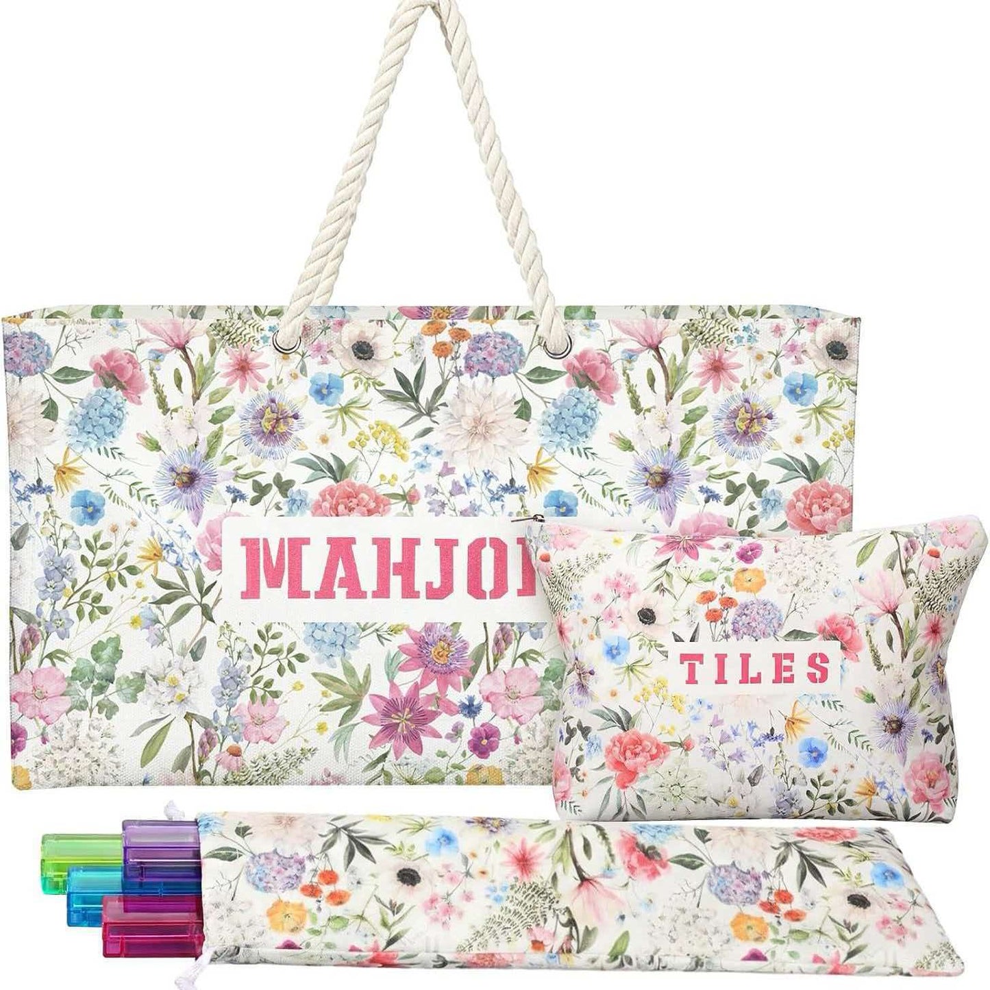 American Mahjong Set Bag | 3-Piece Floral Mahjong Tiles Storage Tote Bag, Travel Mah Jongg Carry Bag for Mahjong Game Accessories