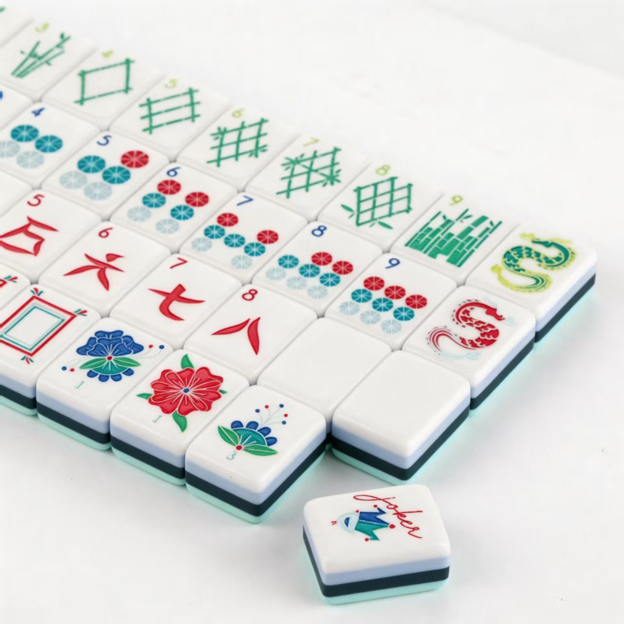 Cute Mint Green American Mahjong Set 160 4-Layer Tiles | Unique Floral Dragon Illustrated Tile, Sturdy Handcraft Mahjong Tiles