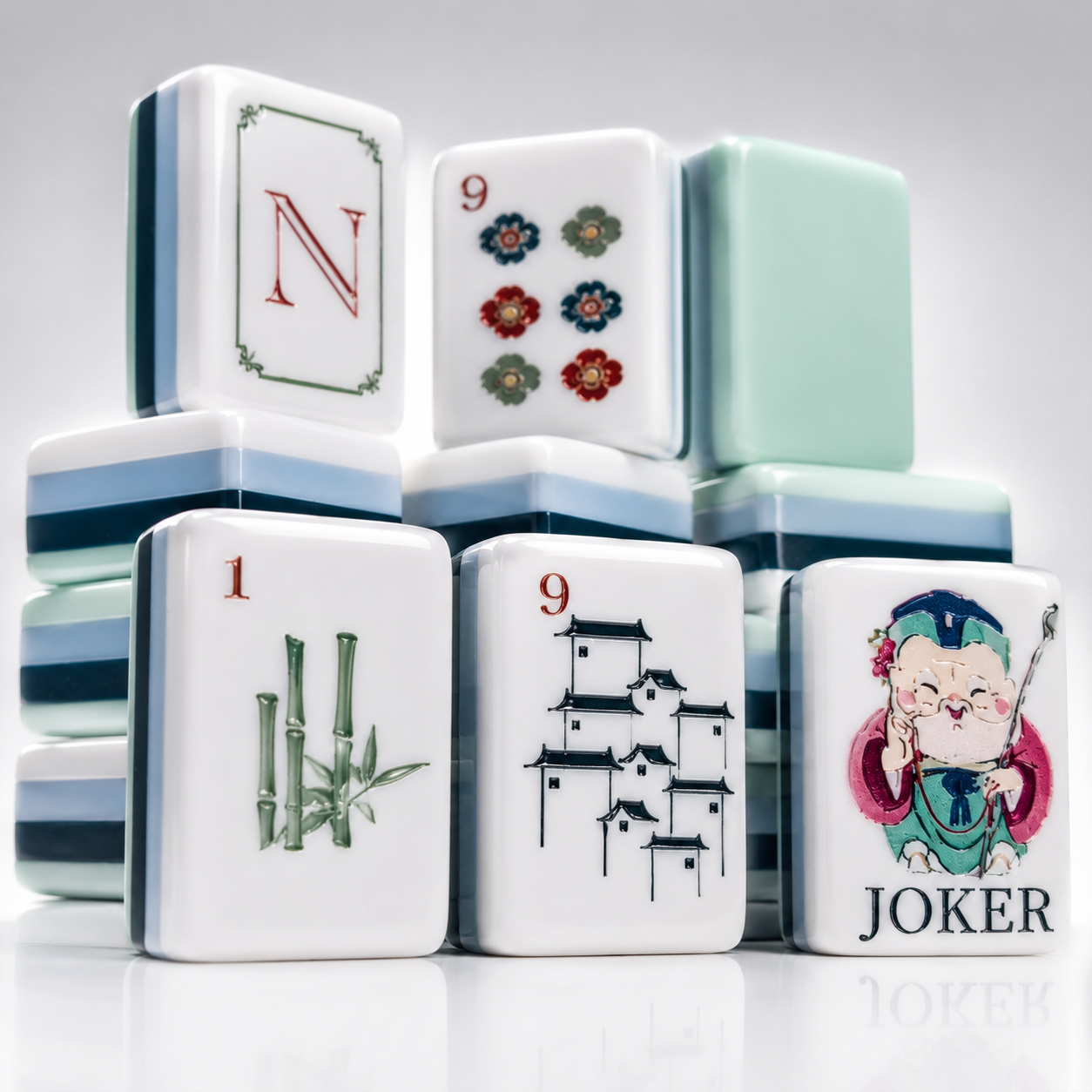 Close-up of mahjong tiles including JOKER