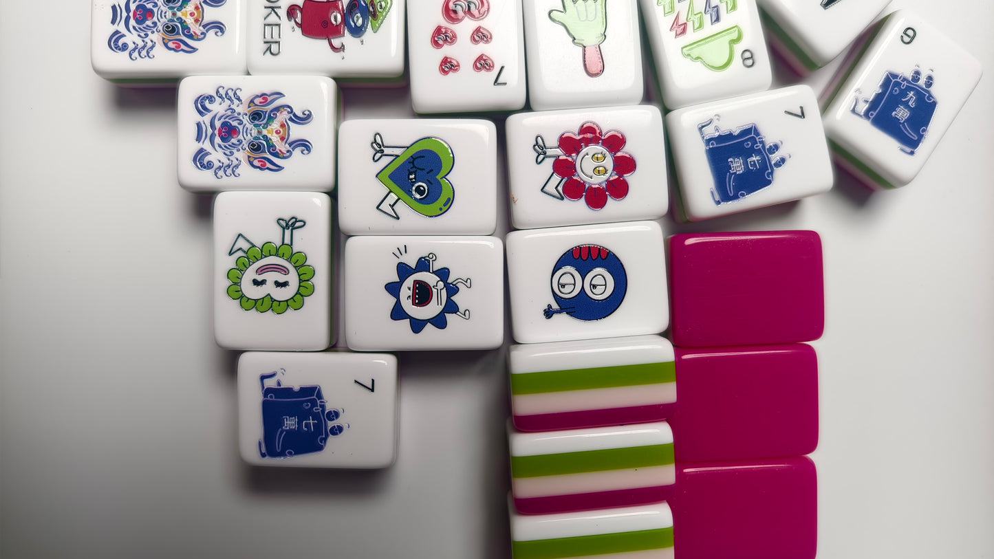 Original Mood Storm American Mahjong Set 32 Inch | 160 Tiles with Fun Emotion Art, 4-Layer Pink Green White Structure, Premium Tabletop Game Gift for Game Night