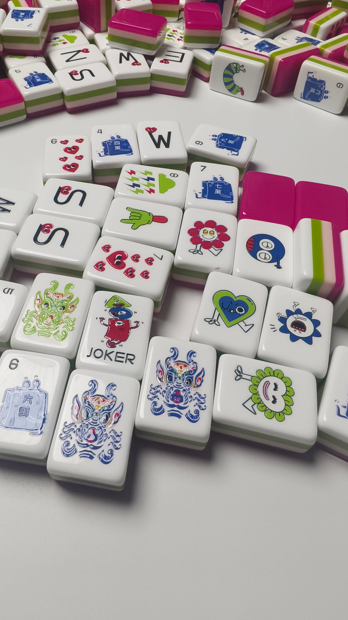 Original Mood Storm American Mahjong Set 32 Inch | 160 Tiles with Fun Emotion Art, 4-Layer Pink Green White Structure, Premium Tabletop Game Gift for Game Night