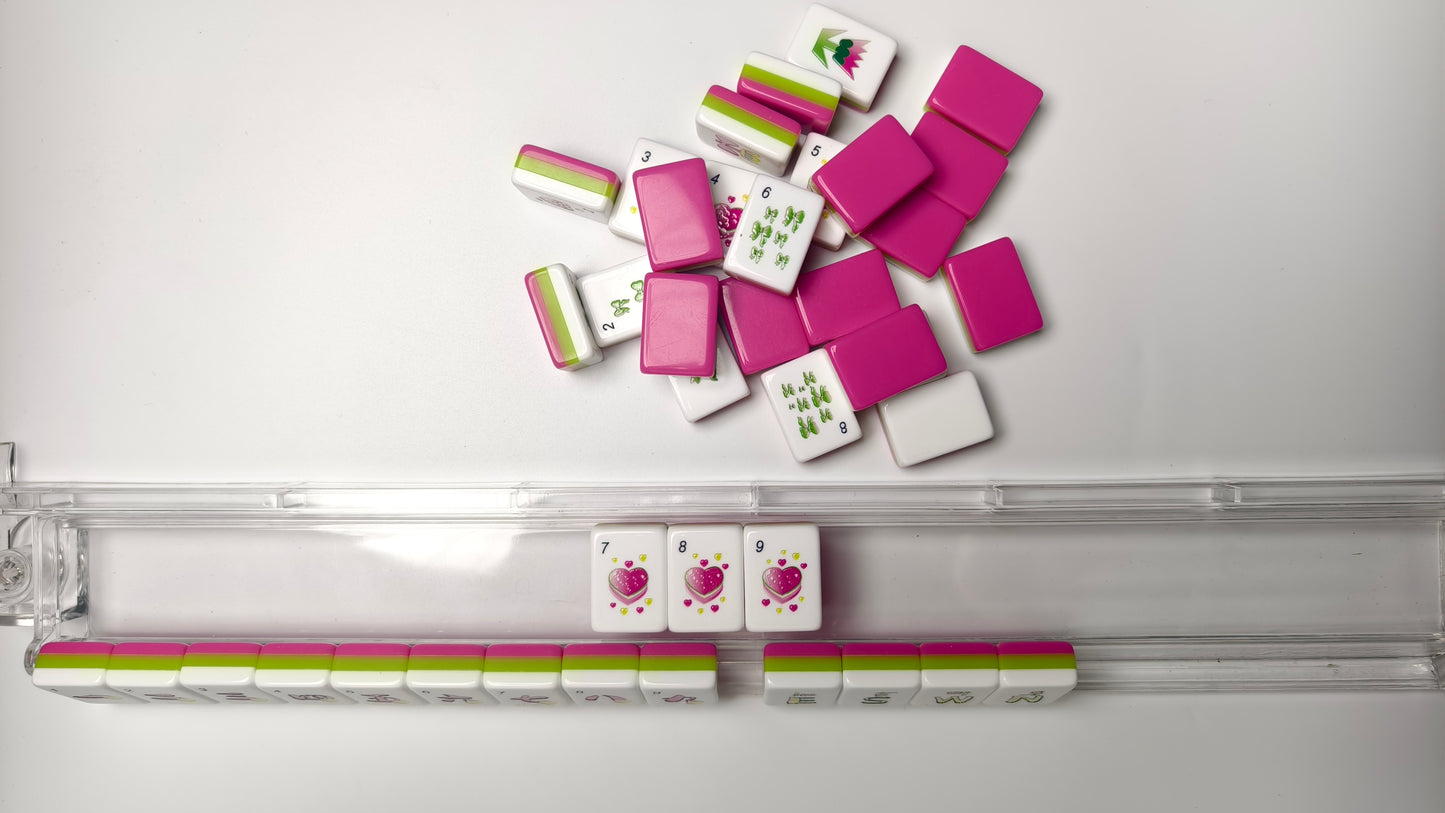 Sweet Rose Heart American Mahjong Set 32 Inch | 160 Tiles with Original Heart & Flower Art, 3-Layer Pink Green White Tiles, Premium Tabletop Game Gift