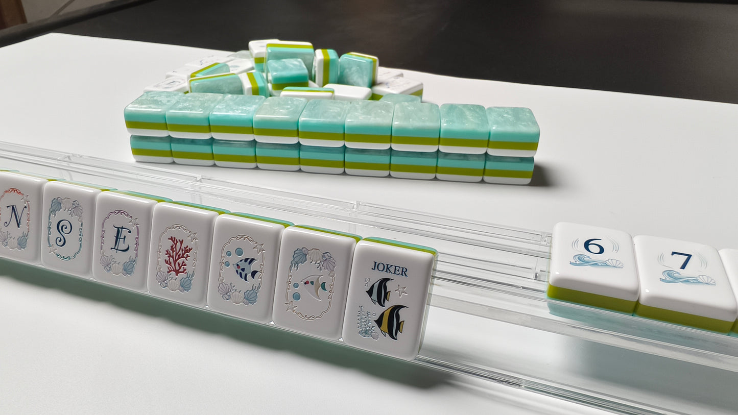 Original Ocean Coral Fish Themed American Mahjong Set 160 Pcs | Luxurious Sparkling Pearlescent Premium Tile Back, Sea Life Custom Artwork, Ocean Style Game Kit For Gifting & Home Game Night