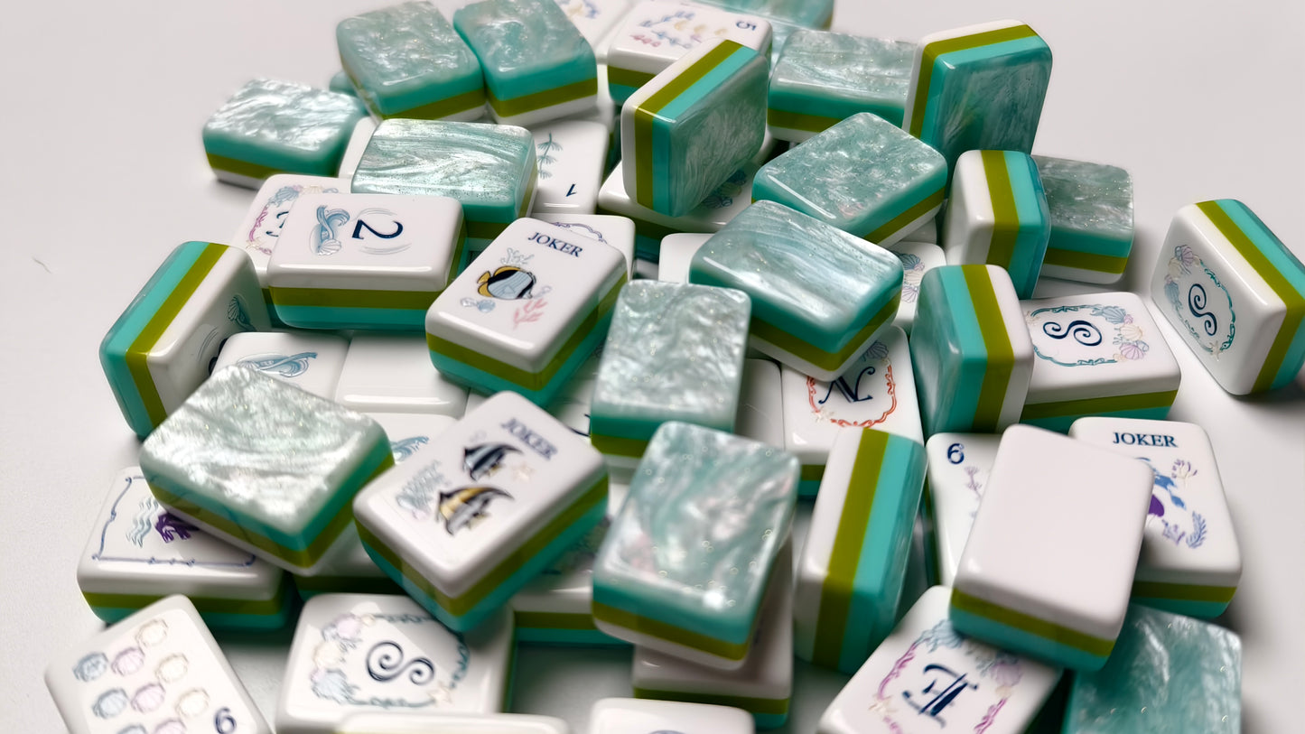 Original Ocean Coral Fish Themed American Mahjong Set 160 Pcs | Luxurious Sparkling Pearlescent Premium Tile Back, Sea Life Custom Artwork, Ocean Style Game Kit For Gifting & Home Game Night