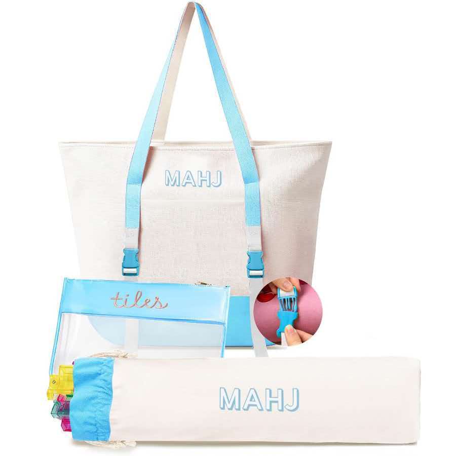 Fashion 3-Piece American Mahjong Bag Set | Large Canvas Mahjong Tote with External Mat Buckle Strap, Clear Tile Storage Pouch & Racks Holder Bag, Multi Trendy Colors, Portable Mahjong Travel Kit