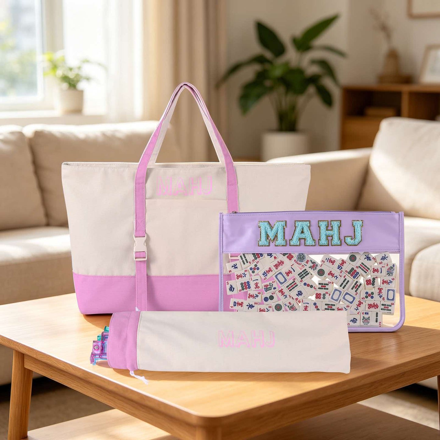 Fashion 3-Piece American Mahjong Bag Set | Large Canvas Mahjong Tote with External Mat Buckle Strap, Clear Tile Storage Pouch & Racks Holder Bag, Multi Trendy Colors, Portable Mahjong Travel Kit