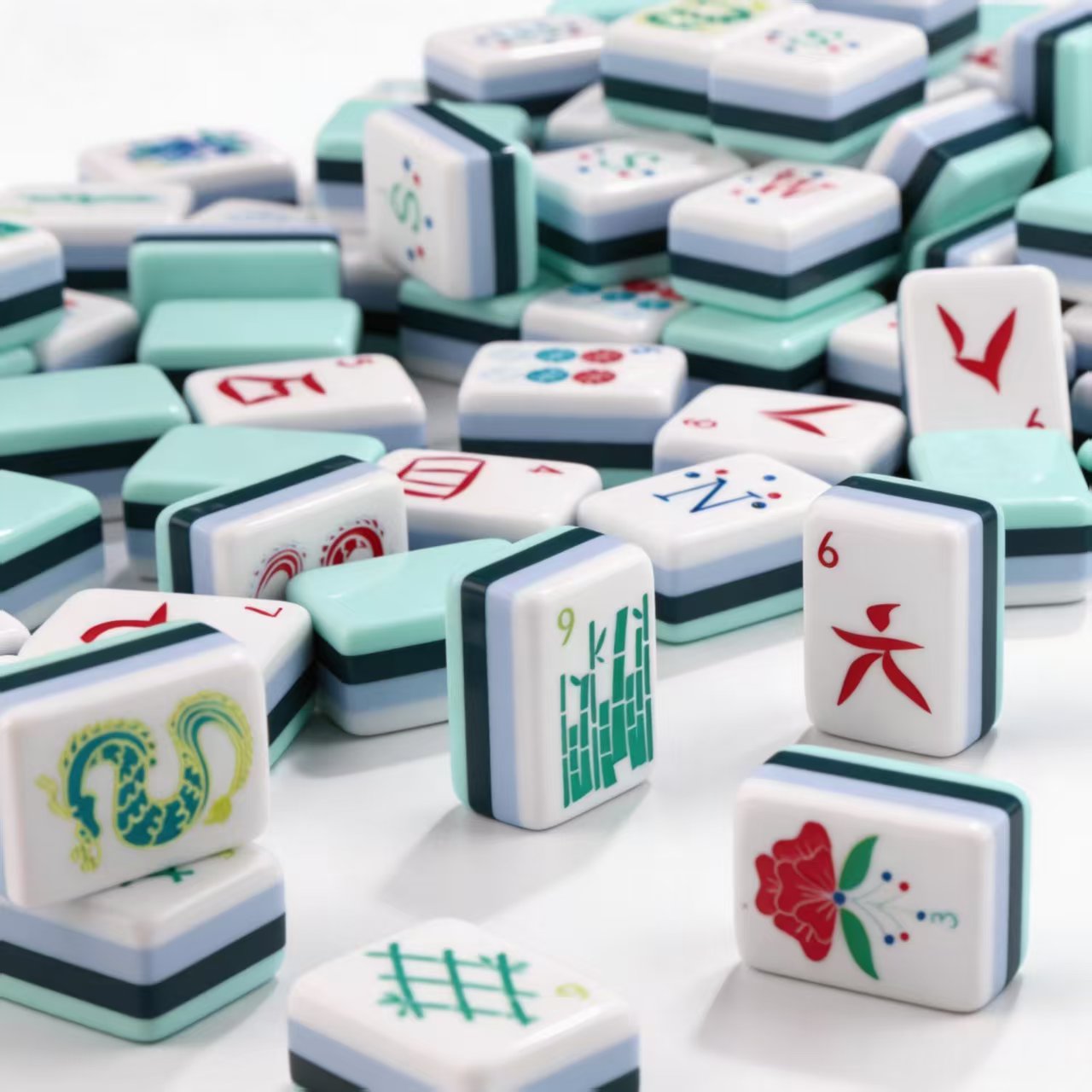 Cute Mint Green American Mahjong Set 160 4-Layer Tiles | Unique Floral Dragon Illustrated Tile, Sturdy Handcraft Mahjong Tiles
