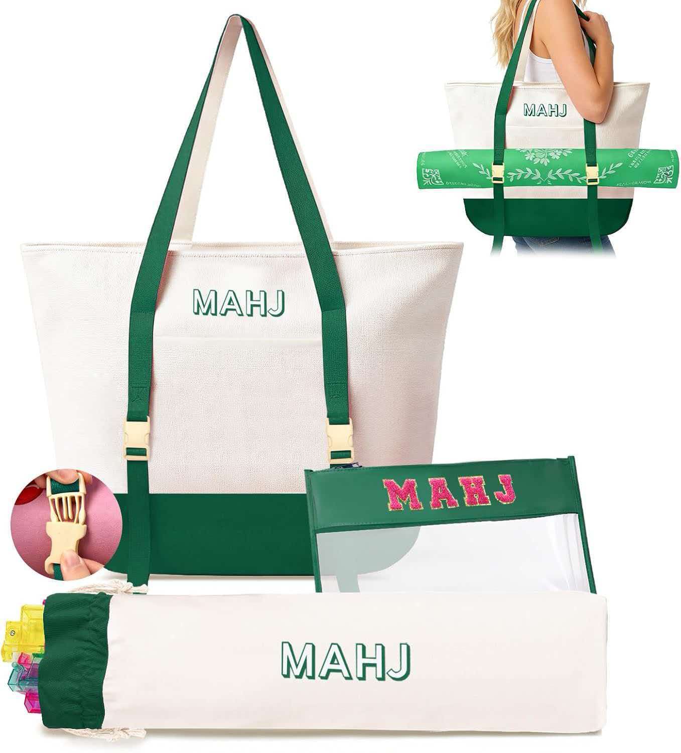 Fashion 3-Piece American Mahjong Bag Set | Large Canvas Mahjong Tote with External Mat Buckle Strap, Clear Tile Storage Pouch & Racks Holder Bag, Multi Trendy Colors, Portable Mahjong Travel Kit