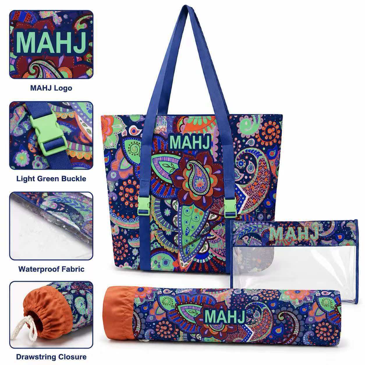 Fashion 3-Piece American Mahjong Bag Set | Large Canvas Mahjong Tote with External Mat Buckle Strap, Clear Tile Storage Pouch & Racks Holder Bag, Multi Trendy Colors, Portable Mahjong Travel Kit