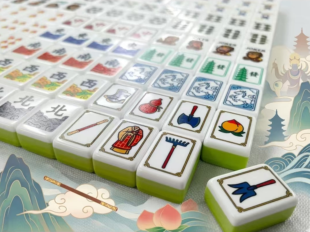 Collector’s Original Journey to the West American Mahjong Set 32mm 4-Layer Apple Green Tiles, Monkey King Wukong Custom Design Mahjong Gift for Mahjong Lovers