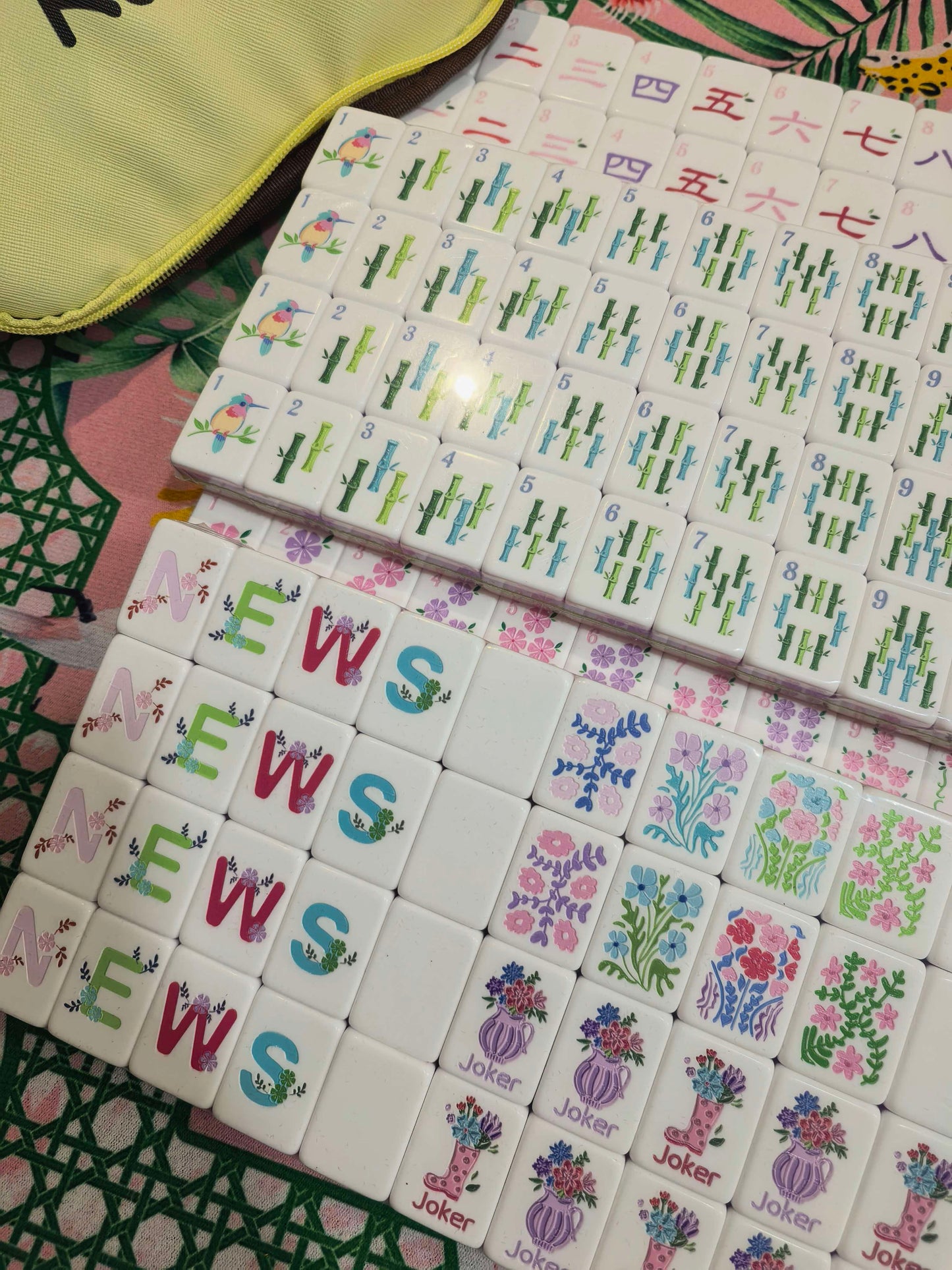 Sweet Pastel Pink American Mahjong Set 32 Inch | 4-Layer Durable Tiles Cheerful Floral Artwork, US Warehouse In Stock Only 6 Units Left, Perfect Gift For Mahjong Lovers