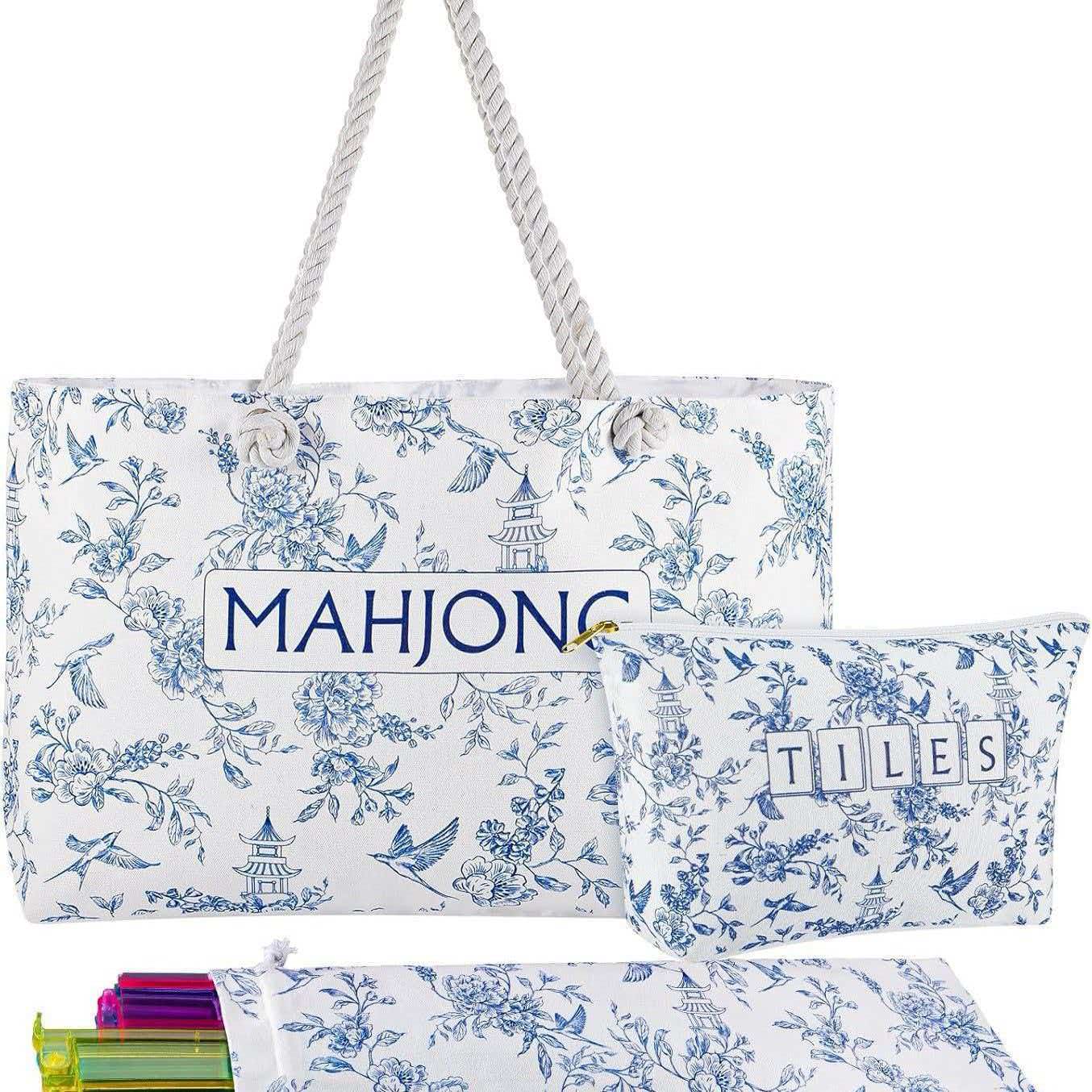 American Mahjong Set Bag | 3-Piece Floral Mahjong Tiles Storage Tote Bag, Travel Mah Jongg Carry Bag for Mahjong Game Accessories
