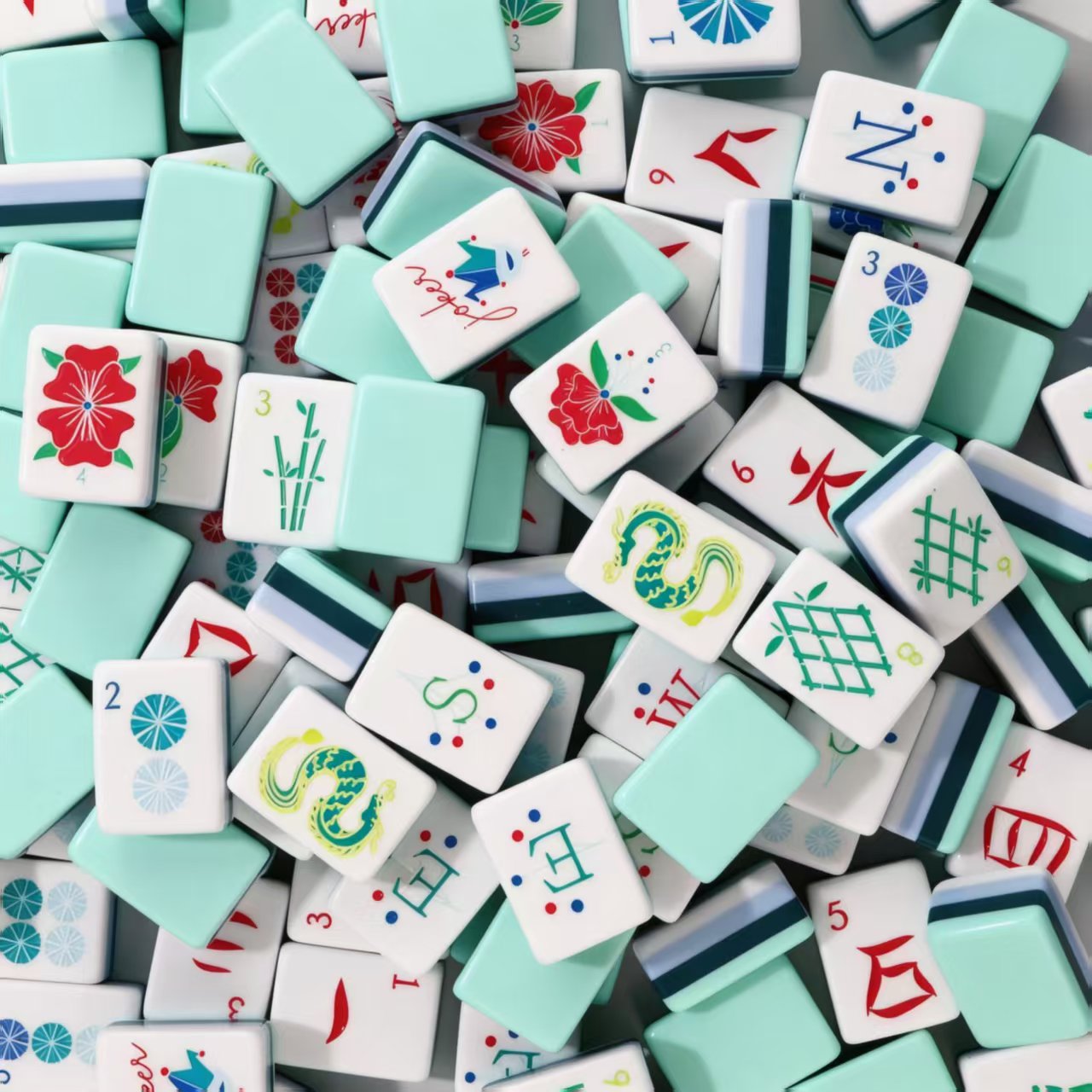 Cute Mint Green American Mahjong Set 160 4-Layer Tiles | Unique Floral Dragon Illustrated Tile, Sturdy Handcraft Mahjong Tiles